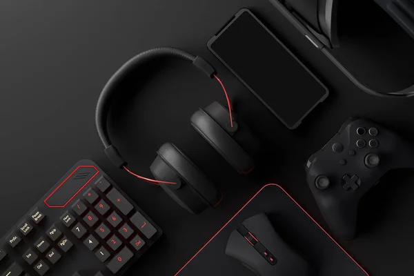 Oyun alanının üst görüntüsü ve fare, klavye, joystick, kulaklık, siyah masa arka planında VR kulaklık gibi teçhizatlar. Canlı yayın konsepti için aksesuarların 3D yorumlaması