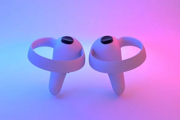 白い背景にネオンライトでオンラインとホームゲームのための仮想現実コントローラ 拡張現実と仮想現実の概念のためのデバイスの3Dレンダリング — ストック写真