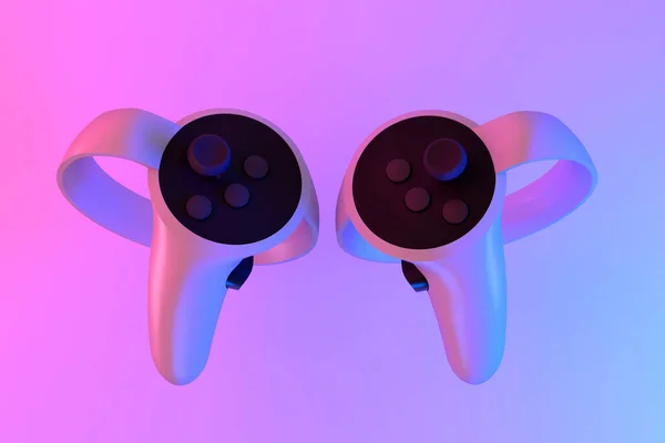 Virtuális Valóság Vezérlők Online Otthoni Játék Neon Fények Fehér Háttér — Stock Fotó