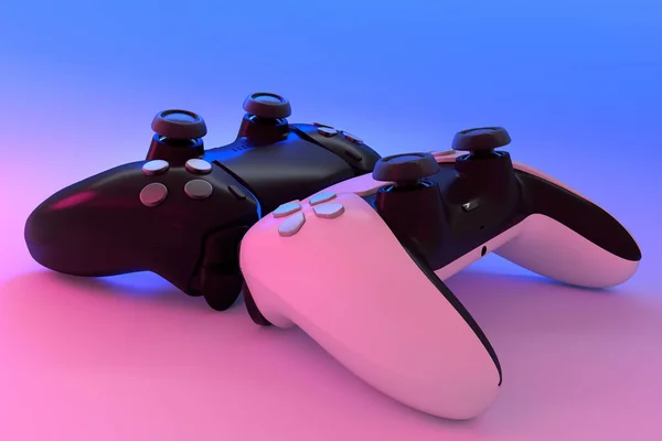 Realistische Video Game Controllers Neon Lichten Witte Tafel Achtergrond Weergave — Stockfoto