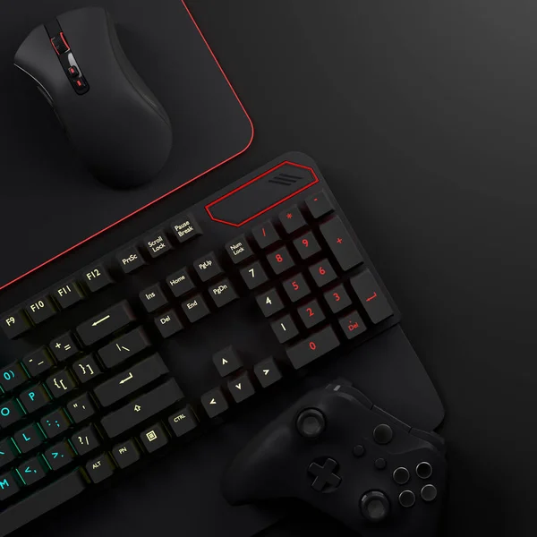 Top view of gamer workspace and gear like mouse, keyboard, joystick on black on black table background. 3d rendering of accessories for live streaming concept