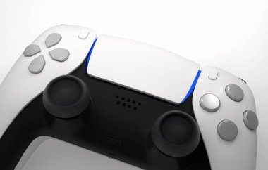 Gerçekçi video oyun denetleyici beyaz arkaplanda izole edildi. 3D görüntüleme donanımı ve bulut oyun konsepti