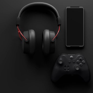 Oyun alanının üst görüntüsü ve fare, klavye, joystick, kulaklık, siyah masa arka planında VR kulaklık gibi teçhizatlar. Canlı yayın konsepti için aksesuarların 3D yorumlaması