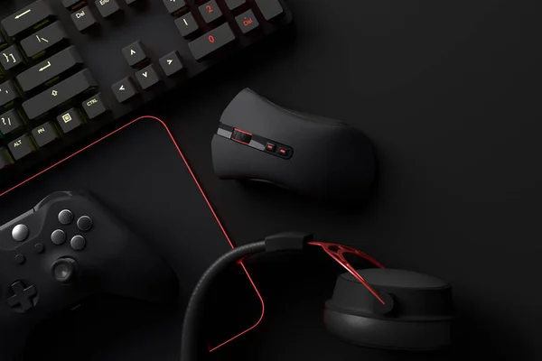 Oyun alanının üst görüntüsü ve fare, klavye, joystick, kulaklık, siyah masa arka planında VR kulaklık gibi teçhizatlar. Canlı yayın konsepti için aksesuarların 3D yorumlaması