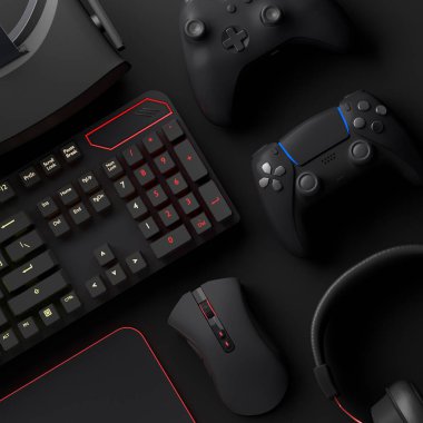 Oyun alanının üst görüntüsü ve fare, klavye, joystick, kulaklık, siyah masa arka planında VR kulaklık gibi teçhizatlar. Canlı yayın konsepti için aksesuarların 3D yorumlaması