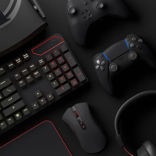 Oyun alanının üst görüntüsü ve fare, klavye, joystick, kulaklık, siyah masa arka planında VR kulaklık gibi teçhizatlar. Canlı yayın konsepti için aksesuarların 3D yorumlaması