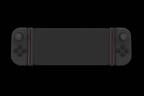 クリッピングパスと黒の上に隔離された携帯電話に接続された現実的なビデオゲームコントローラ オンラインゲームのためのゲームパッドの3Dレンダリング — ストック写真
