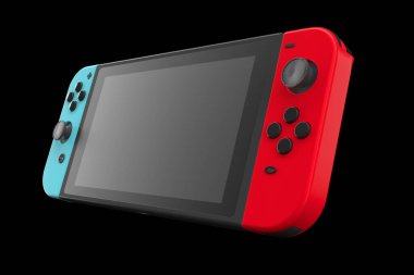 Dokunmatik ekrana iliştirilmiş gerçekçi video oyun denetleyicileri kırpma yolu ile siyah üzerinde izole. Çevrimiçi oyun alanı için 3B mavi ve kırmızı oyun alanı oluşturma