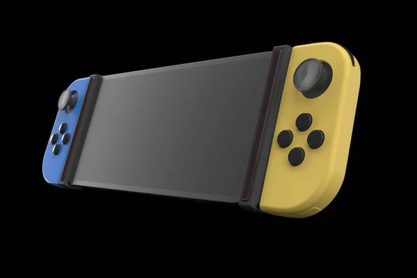 クリッピングパスと黒の上に隔離された携帯電話に接続された現実的なビデオゲームコントローラ 青と黄色のゲームパッドの3Dレンダリングオンラインゲーム — ストック写真