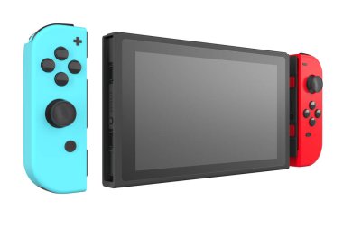 Dokunmatik ekrana bağlı gerçekçi video oyun kontrolörleri kırpma yolu ile beyazda izole edildi. Çevrimiçi oyun alanı için 3B mavi ve kırmızı oyun alanı oluşturma