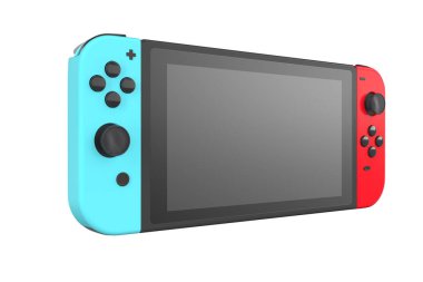 Dokunmatik ekrana bağlı gerçekçi video oyun kontrolörleri kırpma yolu ile beyazda izole edildi. Çevrimiçi oyun alanı için 3B mavi ve kırmızı oyun alanı oluşturma