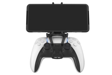 Kırpma yolu olan beyaz arka planda izole edilmiş bir cep telefonuyla oyun oynamak için gerçekçi joystick. Video oyunu akışının 3B görüntülemesi