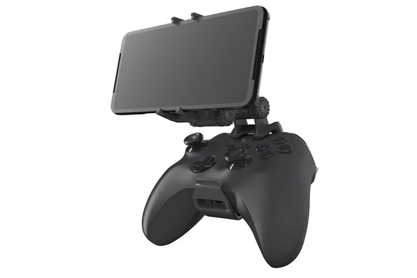 クリッピングパスを持つ白い背景に隔離された携帯電話でゲームをプレイするための現実的なジョイスティック ビデオゲームストリーミングの3Dレンダリング — ストック写真