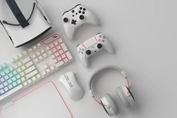 Κάτοψη του χώρου εργασίας και των εργαλείων του παίκτη, όπως ποντίκι, πληκτρολόγιο, χειριστήριο, ακουστικά, VR — Φωτογραφία Αρχείου