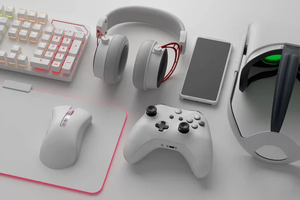 Oyun alanının üst görünümü ve fare, klavye, joystick, kulaklık, VR gibi cihazlar