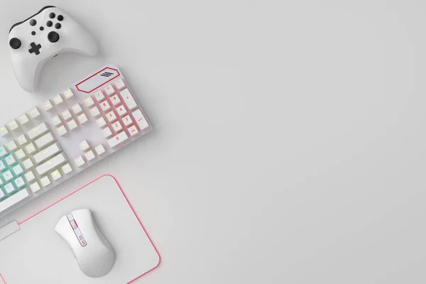 Visão superior do espaço de trabalho do jogador e engrenagem como mouse, teclado, joystick — Fotografia de Stock