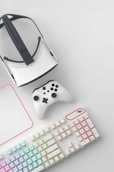 Visão superior do espaço de trabalho do jogador e engrenagem como mouse, teclado, joystick, fone de ouvido, VR — Fotografia de Stock