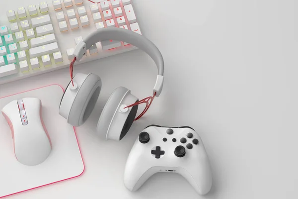 Draufsicht auf den Gamer-Arbeitsplatz und Geräte wie Maus, Tastatur, Steuerknüppel, Headset — Stockfoto