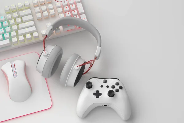 Ovanifrån av gamer arbetsyta och redskap som mus, tangentbord, joystick, headset — Stockfoto