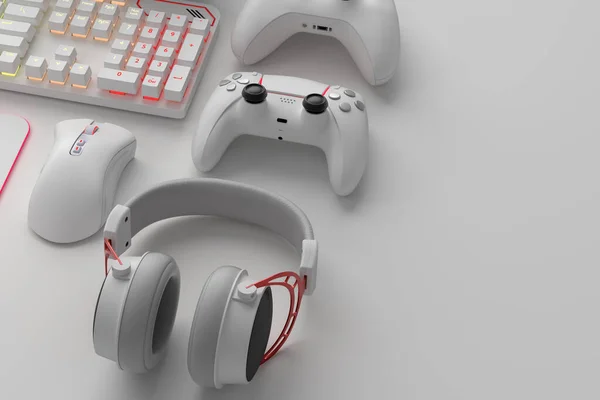 Draufsicht auf den Gamer-Arbeitsplatz und Geräte wie Maus, Tastatur, Steuerknüppel, Headset — Stockfoto