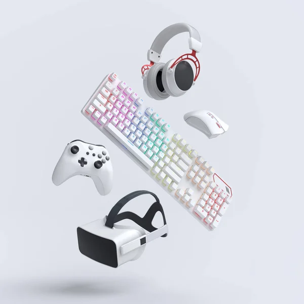 Fliegende Gamer-Geräte wie Maus, Tastatur, Joystick, Headset, VR — Stockfoto