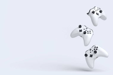 Uçan oyun joystickleri ya da beyaz arkaplanda oyun yastıkları