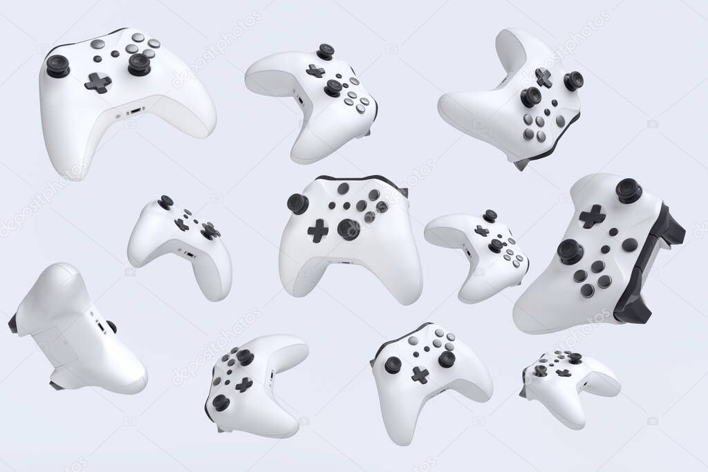 Flying gamer joysticks or gamepads on white background