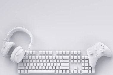 Oyun alanının en üst görüntüsü ve fare, klavye, joystick, beyaz masa arka planında kulaklık gibi tek renkli ekipmanlar. Canlı yayın konsepti üst görünümü için 3d aksesuar hazırlama