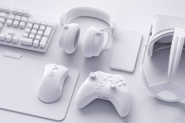 Oyun alanının üst görünümü ve fare, klavye, joystick, kulaklık, VR gibi cihazlar