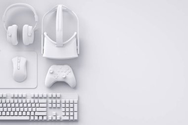 Oyun alanının üst görünümü ve fare, klavye, joystick, kulaklık, VR gibi cihazlar