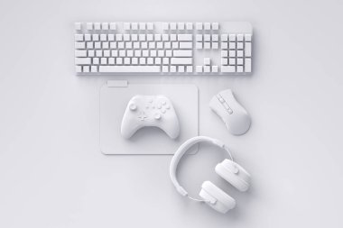 Oyun alanının en üst görüntüsü ve fare, klavye, joystick, beyaz masa arka planında kulaklık gibi tek renkli ekipmanlar. Canlı yayın konsepti üst görünümü için 3d aksesuar hazırlama
