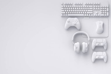 Oyun alanının en üst görüntüsü ve fare, klavye, joystick, beyaz masa arka planında kulaklık gibi tek renkli ekipmanlar. Canlı yayın konsepti üst görünümü için 3d aksesuar hazırlama