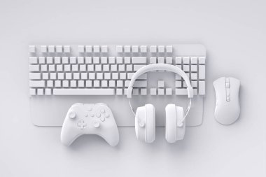 Oyun alanının en üst görüntüsü ve fare, klavye, joystick, beyaz masa arka planında kulaklık gibi tek renkli ekipmanlar. Canlı yayın konsepti üst görünümü için 3d aksesuar hazırlama