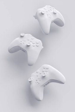 Uçan monokrom oyun kumandası joystickleri ya da beyaz arka planda oyun yastıkları. Canlı yayın konsepti üst görünümü için 3d aksesuar hazırlama