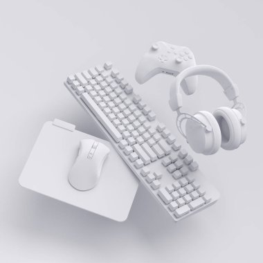 Fare, kulaklık, klavye ve beyaz arka planda joystick gibi uçan tek renkli oyun dişlileri. Canlı yayın konsepti üst görünümü için 3d aksesuar hazırlama