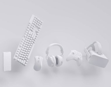 VR gözlükleri, kulaklıklar, klavye, fare ve joystick gibi uçan tek renkli oyun dişlileri beyaz arka planda. Canlı yayın konsepti üst görünümü için 3d aksesuar hazırlama