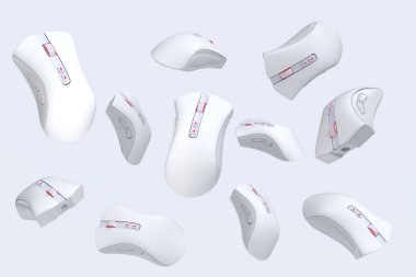 Flying gamer mouse on white background with blur. 3d rendering of accessories for live streaming concept top view clipart