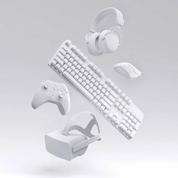 VR gözlükleri, kulaklıklar, klavye, fare ve joystick gibi uçan tek renkli oyun dişlileri beyaz arka planda. Canlı yayın konsepti üst görünümü için 3d aksesuar hazırlama