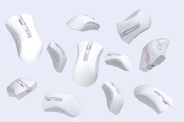 Flying gamer mouse on white background with blur. 3d rendering of accessories for live streaming concept top view