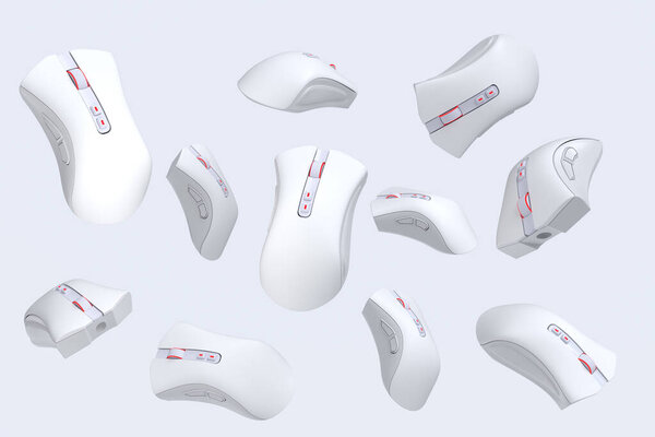 Flying gamer mouse on white background with blur. 3d rendering of accessories for live streaming concept top view