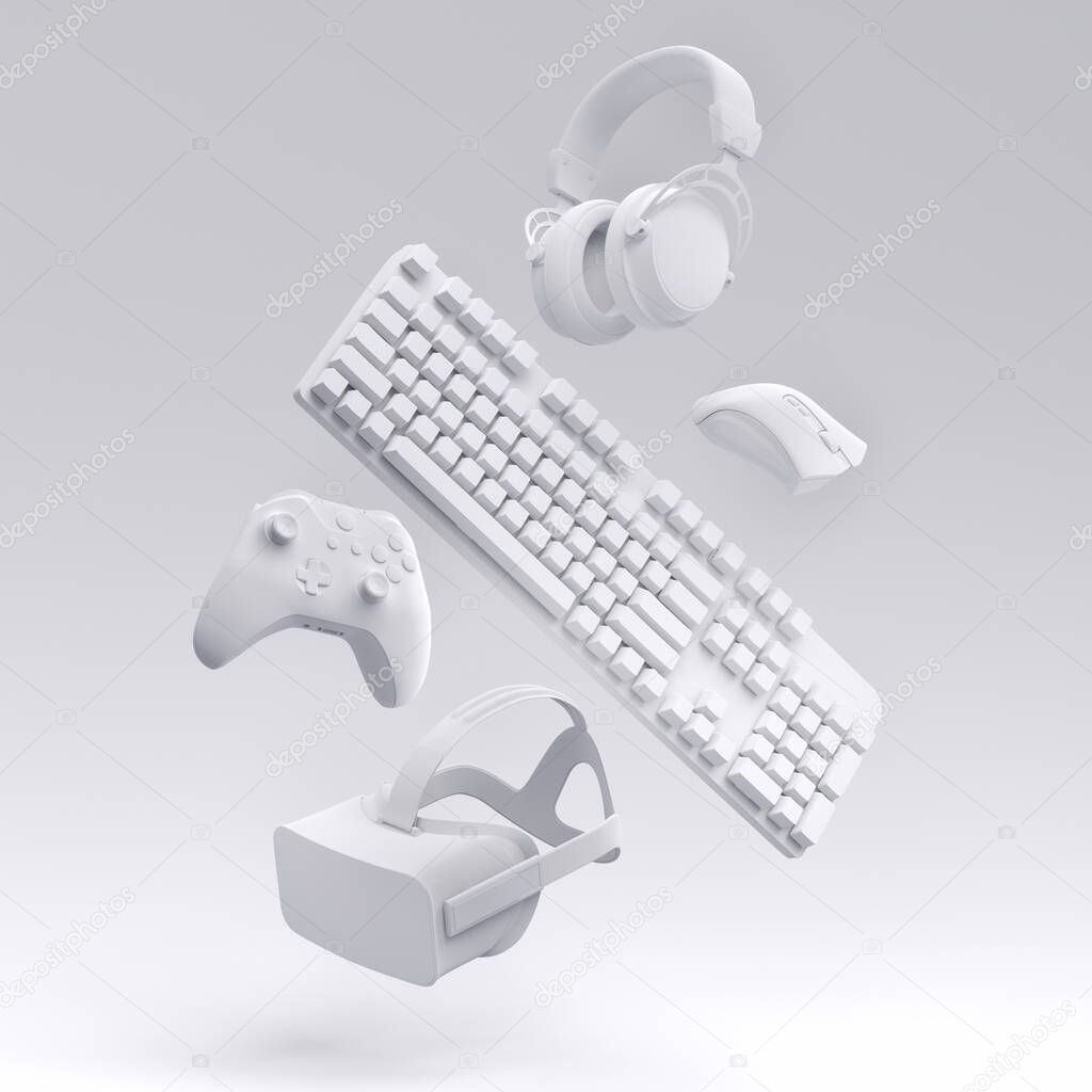 Flying monochrome gamer gears like VR glasses, headphones, keyboard, mouse and joystick on white background. 3d rendering of accessories for live streaming concept top view