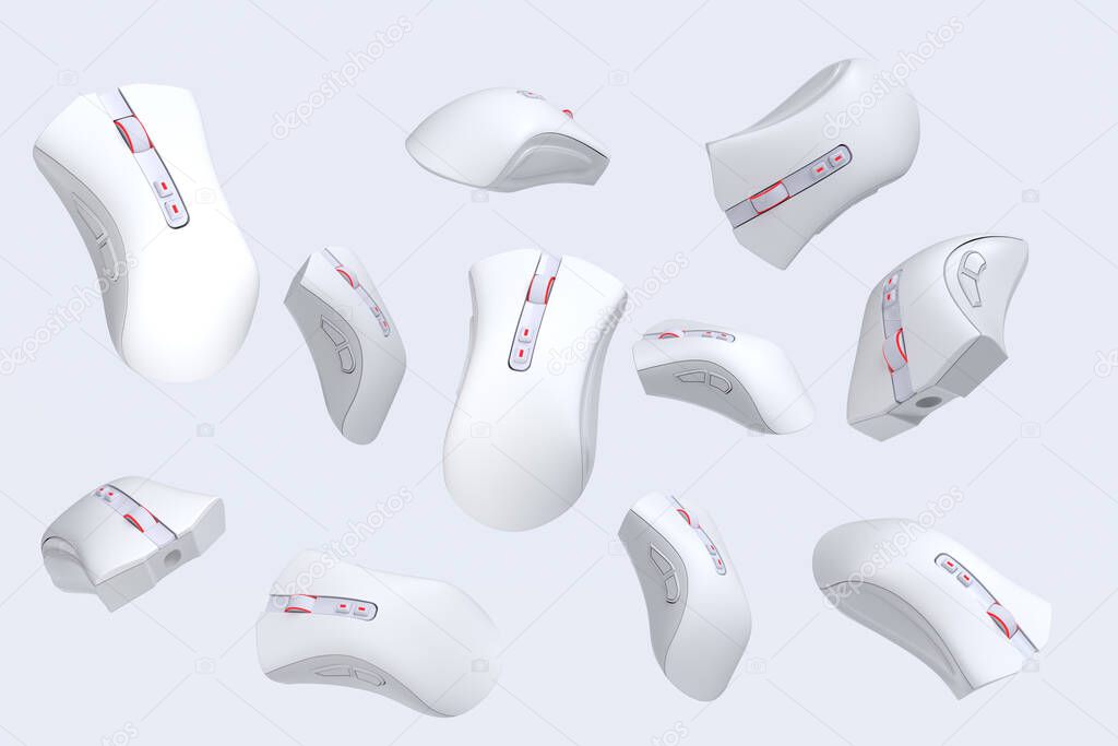 Flying gamer mouse on white background with blur. 3d rendering of accessories for live streaming concept top view