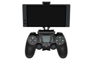 Beyaz arkaplanda cep telefonuyla oyun oynamak için gerçekçi joystick