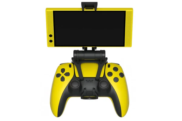 Реалистичный желтый джойстик для игр на мобильном телефоне на белом фоне — стоковое фото