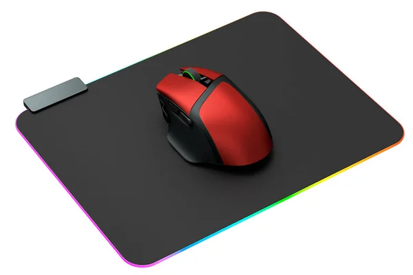 Moderní herní počítač myš na profesionální podložce na bílém pozadí — Stock fotografie