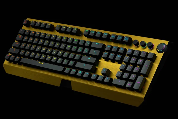 Clavier d'ordinateur jaune avec couleurs rgb isolé sur fond noir. — Photo