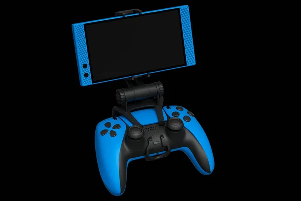 Joystick azul realista para jogar jogos em um telefone celular em fundo preto — Fotografia de Stock