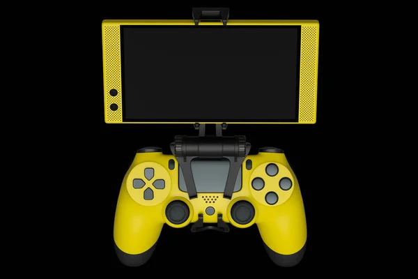 Реалистичный желтый джойстик для игр на мобильном телефоне на черном фоне — стоковое фото