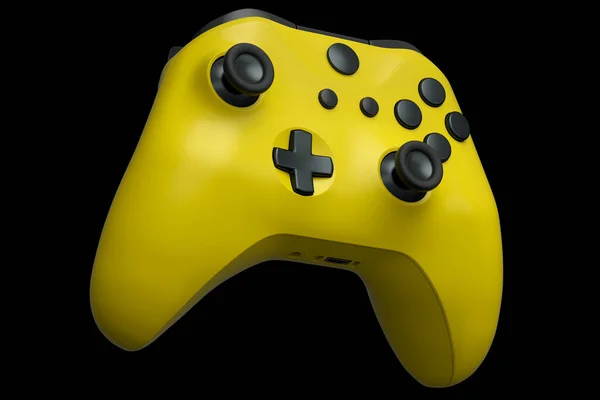 Joystick kuning realistis untuk kontroler permainan video pada latar belakang hitam — Stok Foto
