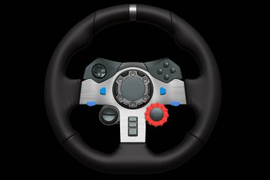 Siyah arka planda izole edilmiş gerçekçi deri direksiyon..